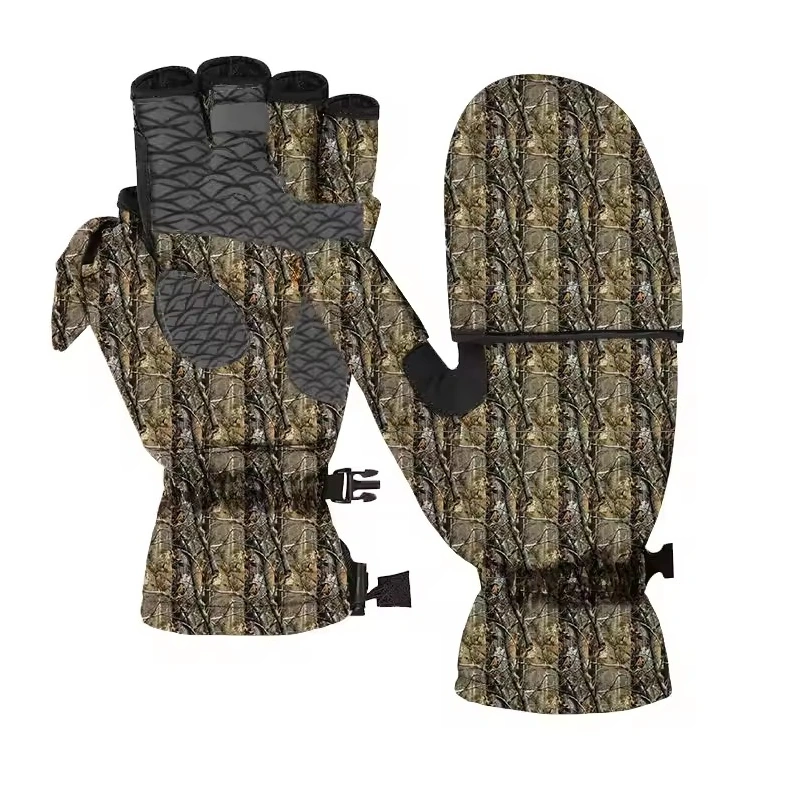 Camouflage mittens with a fold-back finger cover and dark grip palm