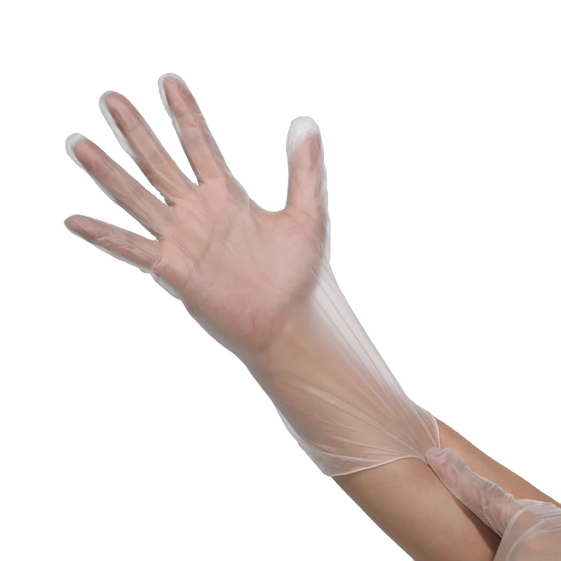 Clear disposable glove with an open palm and cuff being adjusted
