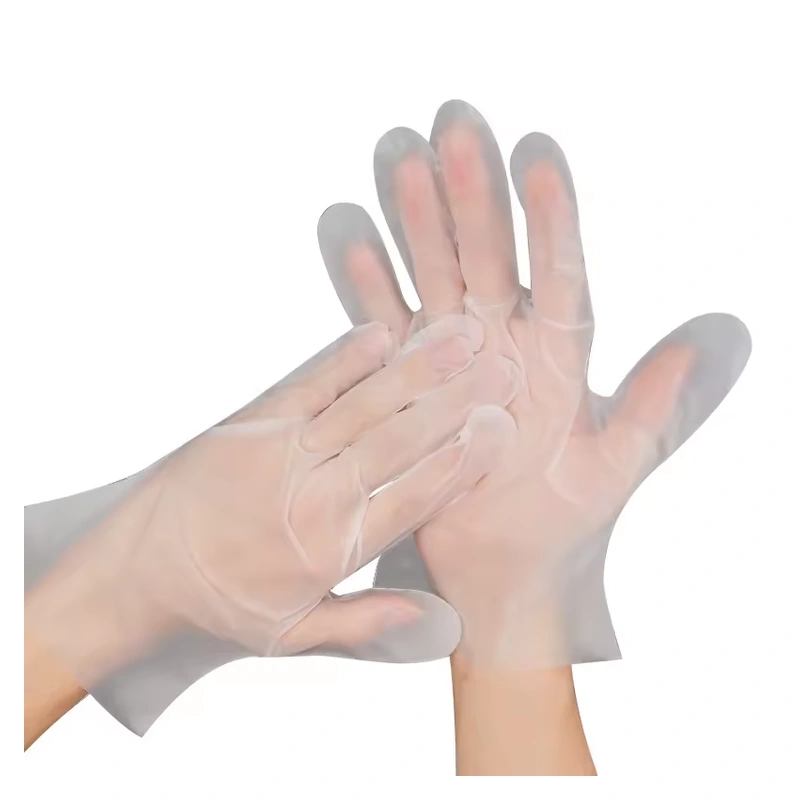 Clear loose-fitting gloves with one hand resting across an open palm