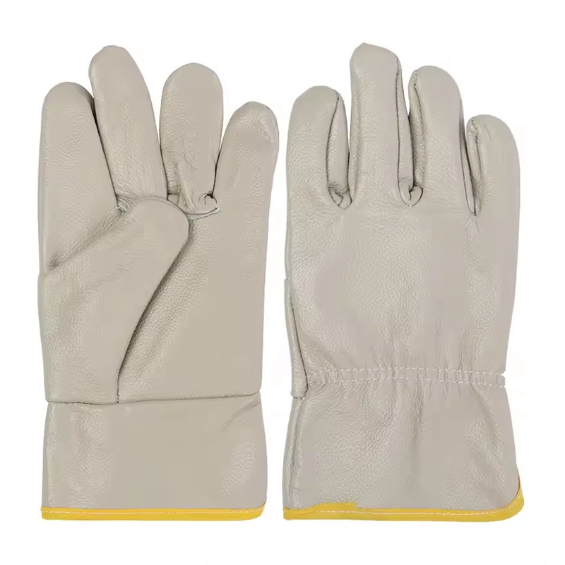 Cream leather gloves with stitched palms, gathered backs and yellow cuff edges