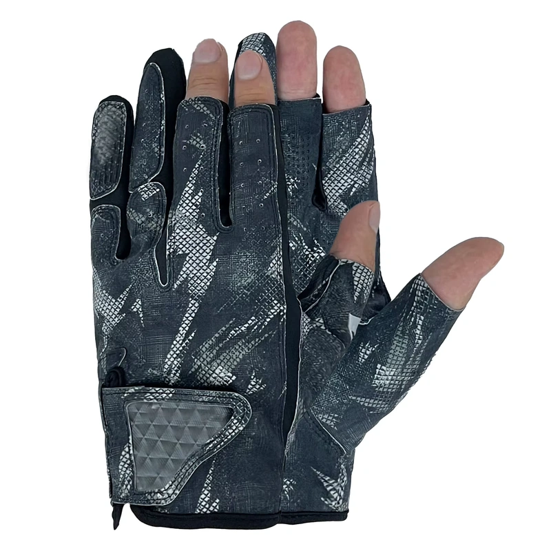 Dark patterned fingerless glove showing an open back and exposed fingertips