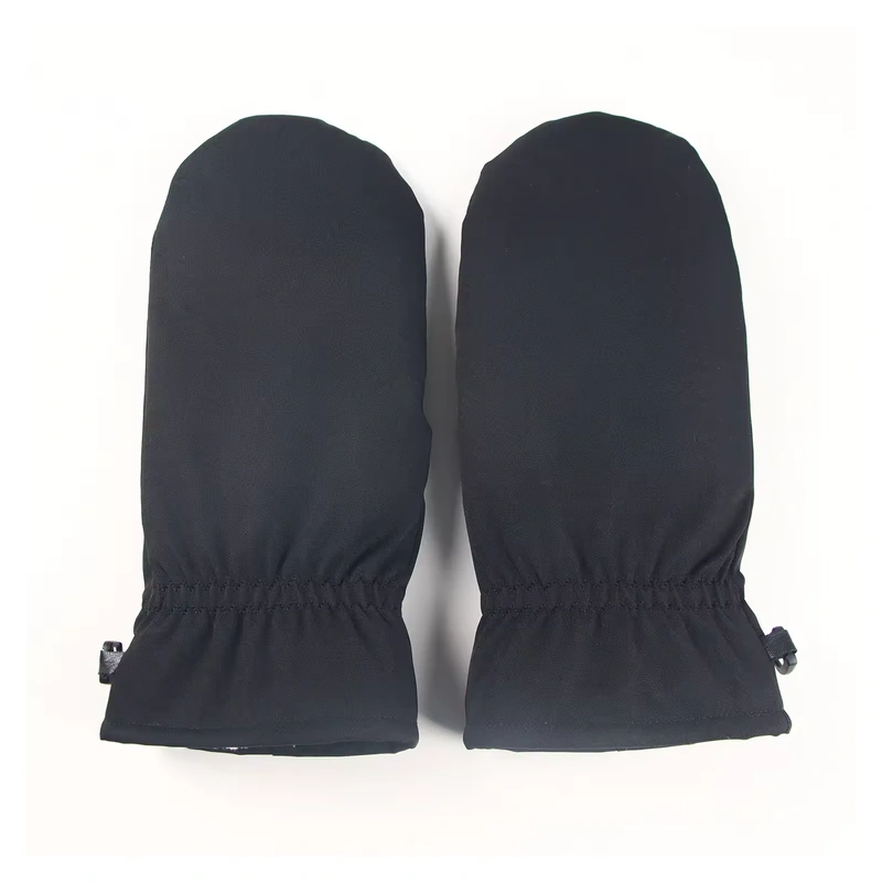 Dark winter mittens with gathered cuffs and connecting hardware