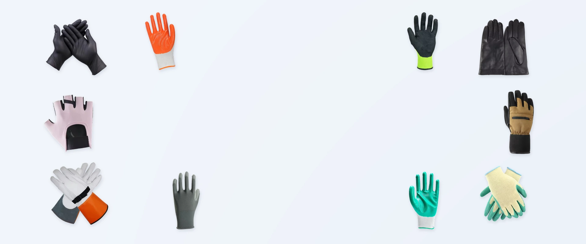 Leather, knit, coated and fingerless gloves arranged around an open center