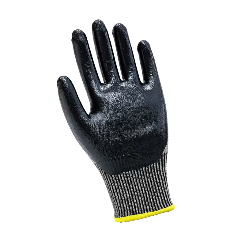 Gray knit glove with a black coated palm and yellow cuff edging