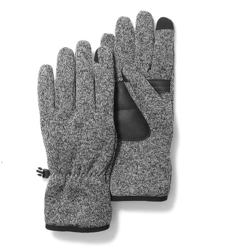 Gray knit gloves with black palm patches and dark cuff trim