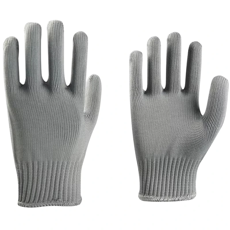 Light gray full-finger knit gloves with ribbed cuffs