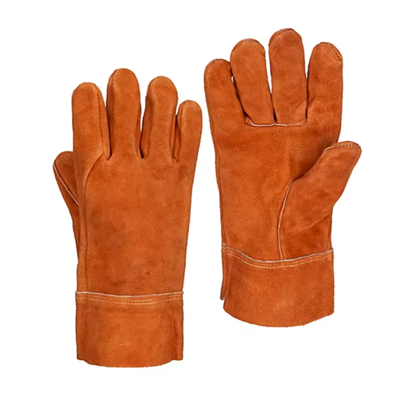 Orange leather welding gloves with long cuffs and stitched palm panels
