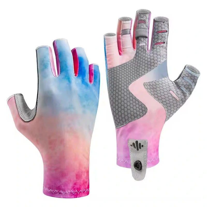Pink and blue fingerless gloves with gray textured palm panels