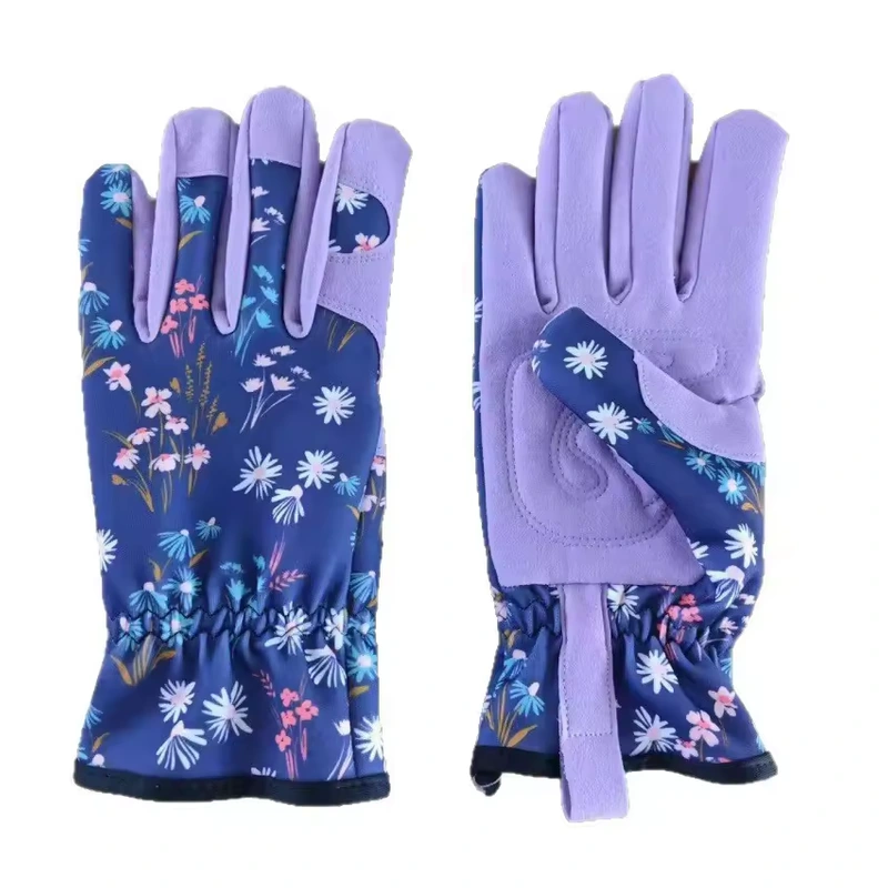 Purple gardening gloves with floral backs, reinforced palms, and wrist straps
