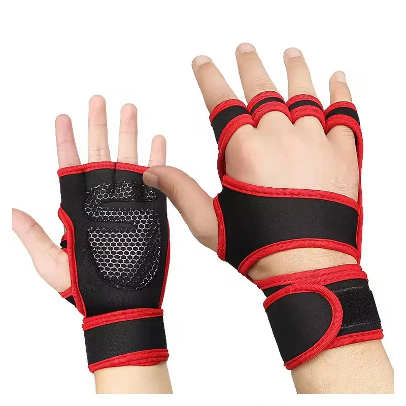 Red and black fingerless fitness gloves with open backs and long wrist wraps