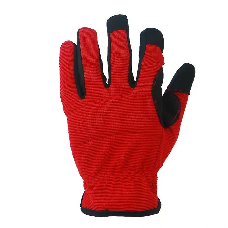 Red fabric work glove with black fingertips and cuff trim