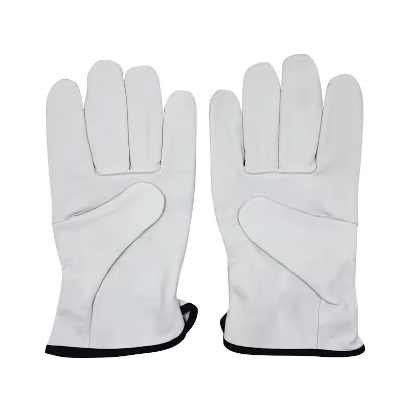 White leather gloves showing shaped palms and black cuff trim