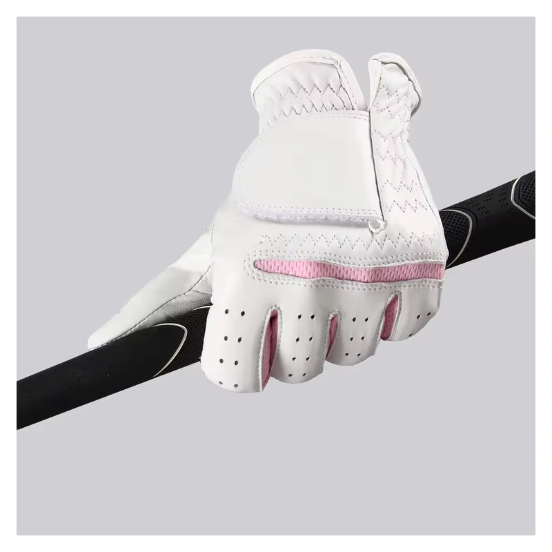 White and pink perforated golf glove wrapped around a club grip