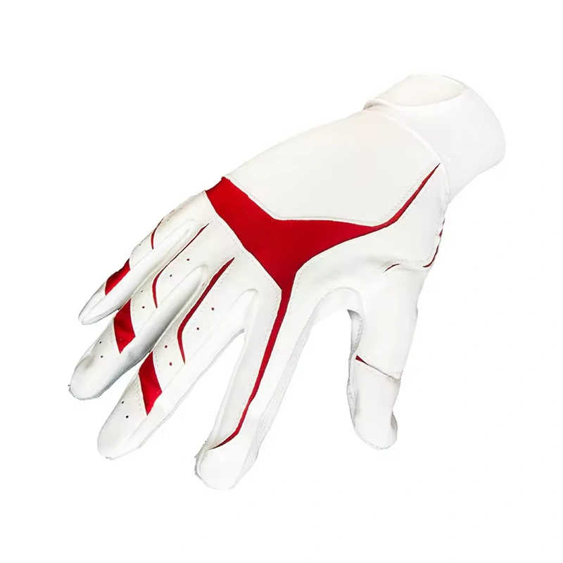 White baseball batting glove with red finger panels and a wide wrist tab