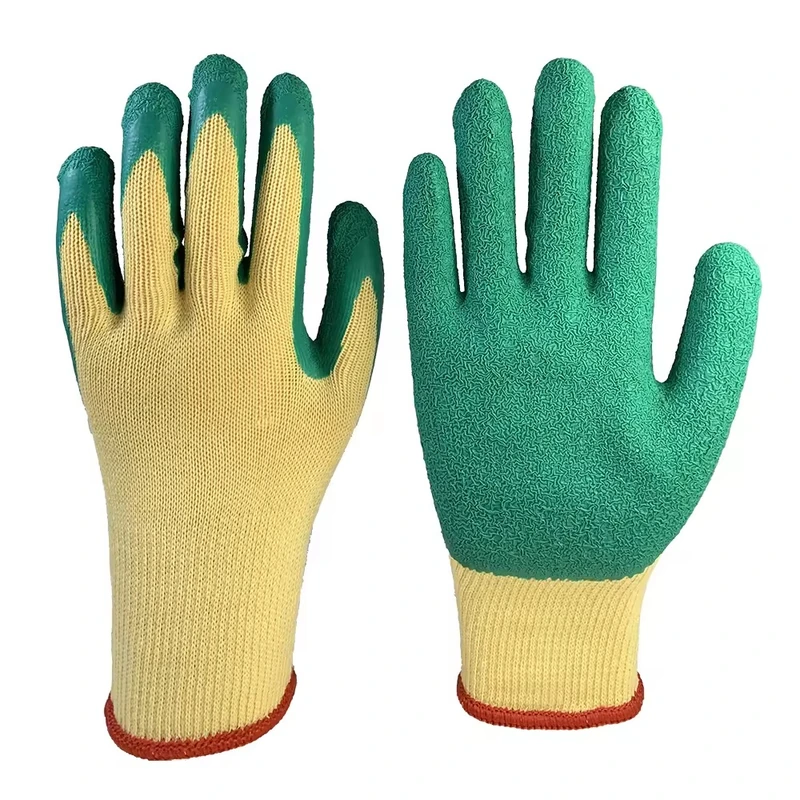 Yellow knit gardening gloves with green textured palms